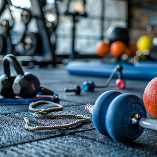 Kettlebells, a dumbbell and a battle rope laid out on a rubber gym floor